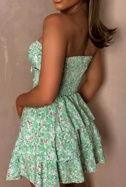 Ditsy Desire Green Floral Print Shirred Waist Rara Skirt Mini Dress
