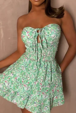 Ditsy Desire Green Floral Print Shirred Waist Rara Skirt Mini Dress