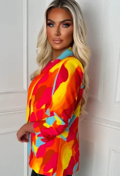 Divine & Juicy Multi Shawl Neck Ruched Sleeve Water Print Blazer