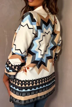 Divine Illusion Grey Shawl Neck Ruched Sleeve Print Blazer