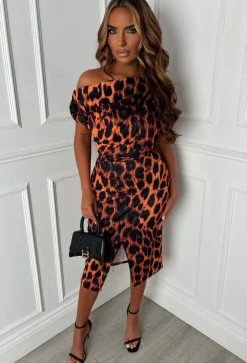 Dixie Chic Orange Off Shoulder Ruched Leopard Print Dress