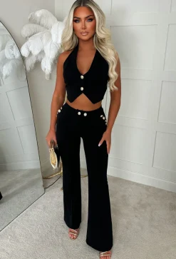 Drama Darling Black Flared Gold Button Flared Trousers