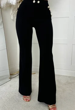 Drama Darling Black Flared Gold Button Flared Trousers