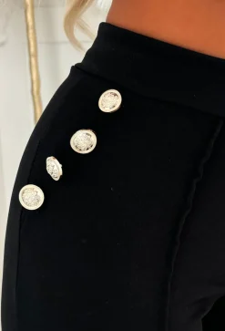 Drama Darling Black Flared Gold Button Flared Trousers