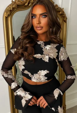Dream It All Black Cream Embroidered Mesh Top