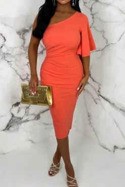 Dream Of Romance Coral One Shoulder Ruched Detail Midi Dress