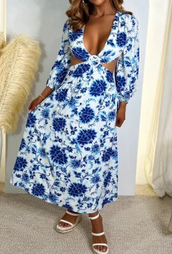 Dream of Santorini Blue Porcelain Print Cut Out Midi Dress
