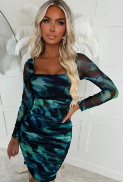 Dreams In Fantasy Green Square Neck Mesh Ruched Smoke Print Dress