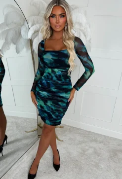Dreams In Fantasy Green Square Neck Mesh Ruched Smoke Print Dress