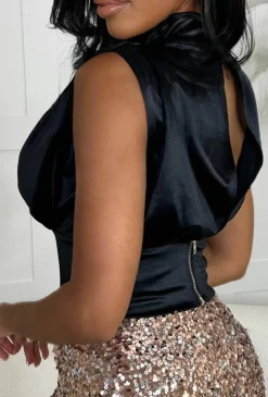 Dreamy Deluxe Black Stretch Satin Ruched High Neck Top