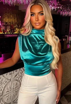 Dreamy Deluxe Teal Stretch Satin Ruched High Neck Top