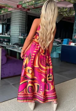 Dubai Luxury Pink Satin Printed Maxi Dress