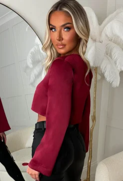 Ebony Burgundy Satin Tie Knot Top