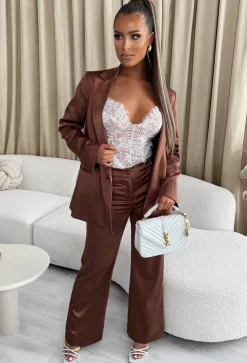 Effortless Energy Brown Satin Straight Leg Trousers