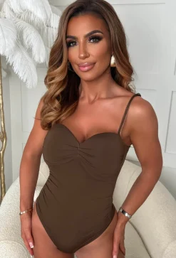 Effortless Style Brown Ruched Stretch Bodysuit