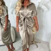 Elegant Luxury Taupe Stretch Satin Button Ruched Midi Dress