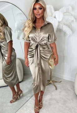Elegant Luxury Taupe Stretch Satin Button Ruched Midi Dress