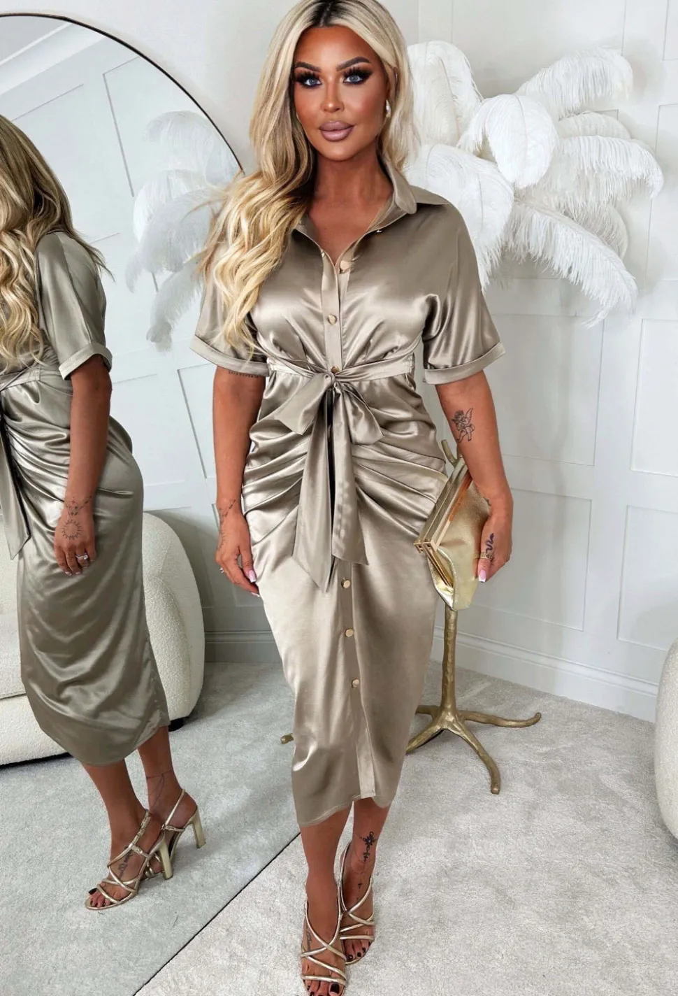 Elegant Luxury Taupe Stretch Satin Button Ruched Midi Dress