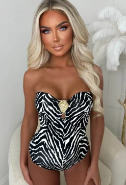 Enchant Me Black Zebra Gold Detail Bandeau Stretch Bodysuit