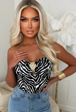 Enchant Me Black Zebra Gold Detail Bandeau Stretch Bodysuit