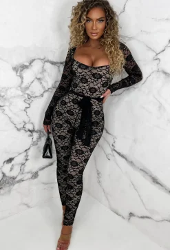 Enchanting Elegance Black Fitted Belted Lined Lace Jumpsuit