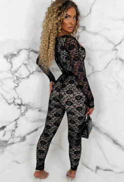 Enchanting Elegance Black Fitted Belted Lined Lace Jumpsuit