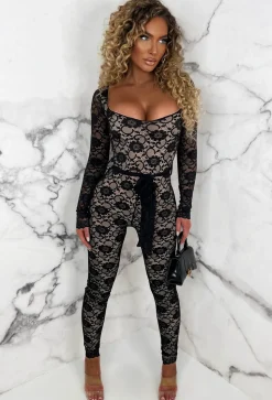 Enchanting Elegance Black Fitted Belted Lined Lace Jumpsuit