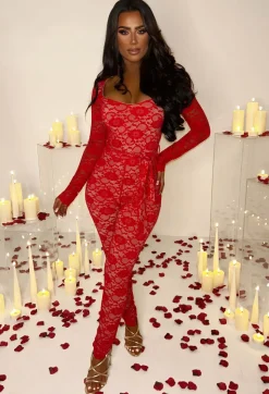 Enchanting Elegance Red Fitted Belted Lined Lace Jumpsuit