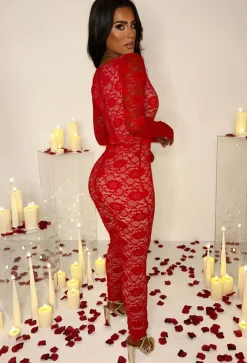 Enchanting Elegance Red Fitted Belted Lined Lace Jumpsuit