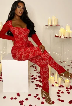 Enchanting Elegance Red Fitted Belted Lined Lace Jumpsuit