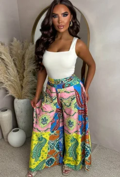 Eternal Escape Blue Printed Wide Leg Elasticated Trousers