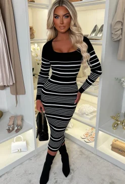 Evelyne Black Stripe Knitted Midi Dress