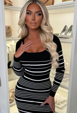 Evelyne Black Stripe Knitted Midi Dress