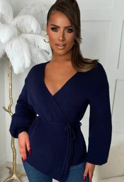 Ever Mine Navy Tie Waist Knitted Wrap Jumper