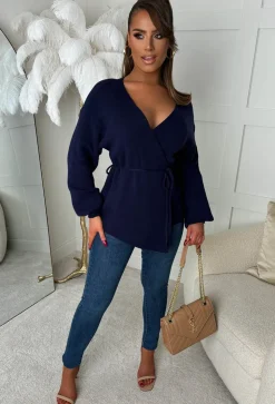 Ever Mine Navy Tie Waist Knitted Wrap Jumper