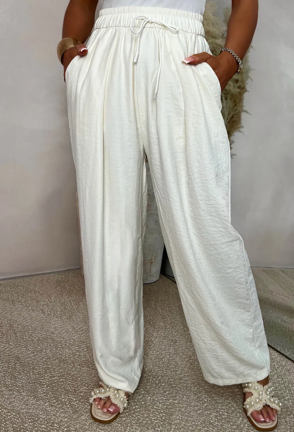 Everyday Destiny Cream Relaxed Crinkle Wide Leg Trousers