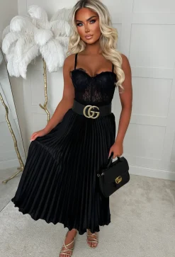 Everyday Goddess Black Satin Stretch Pleated Skirt