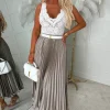 Everyday Goddess Champagne Satin Stretch Pleated Skirt