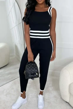 Everyone Around Me Black Side Striped Knitted Loungewear Set