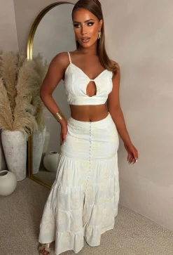 Exotic Evenings Cream Embroidery Anglaise Maxi Skirt And Crop Top Co-Ord
