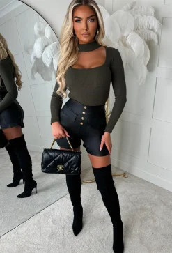Fastened Up Black Faux Leather Button Front Shorts
