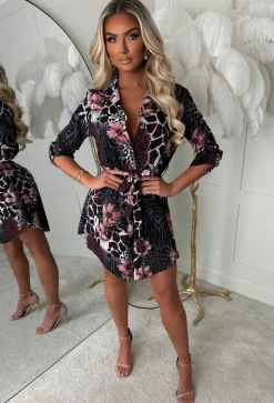 Feline Fancy Multi Mixed Floral Animal Print Shirt Dress