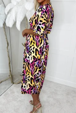 Feline Wild Multi Leopard Printed Leg Split Midi Dress