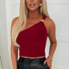 Femme Fling Burgundy Gold Detail One Shoulder Ruched Stretch Top