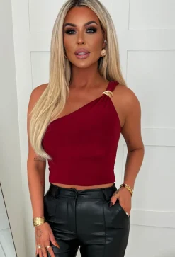 Femme Fling Burgundy Gold Detail One Shoulder Ruched Stretch Top