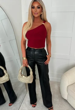 Femme Fling Burgundy Gold Detail One Shoulder Ruched Stretch Top