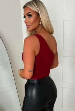Femme Fling Burgundy Gold Detail One Shoulder Ruched Stretch Top