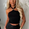 Femme Luxe Black Gold Detail Halter Neck Top