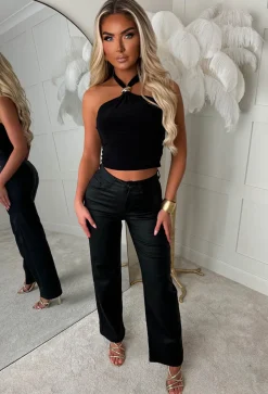 Femme Luxe Black Gold Detail Halter Neck Top