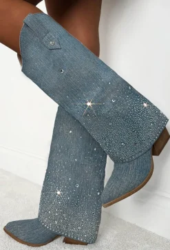 Festival Feelings Blue Embellished Denim Fold Over Boots